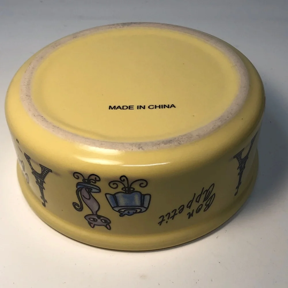 Yellow Ceramic Pet Bowl with cat & Eiffel Tower Design